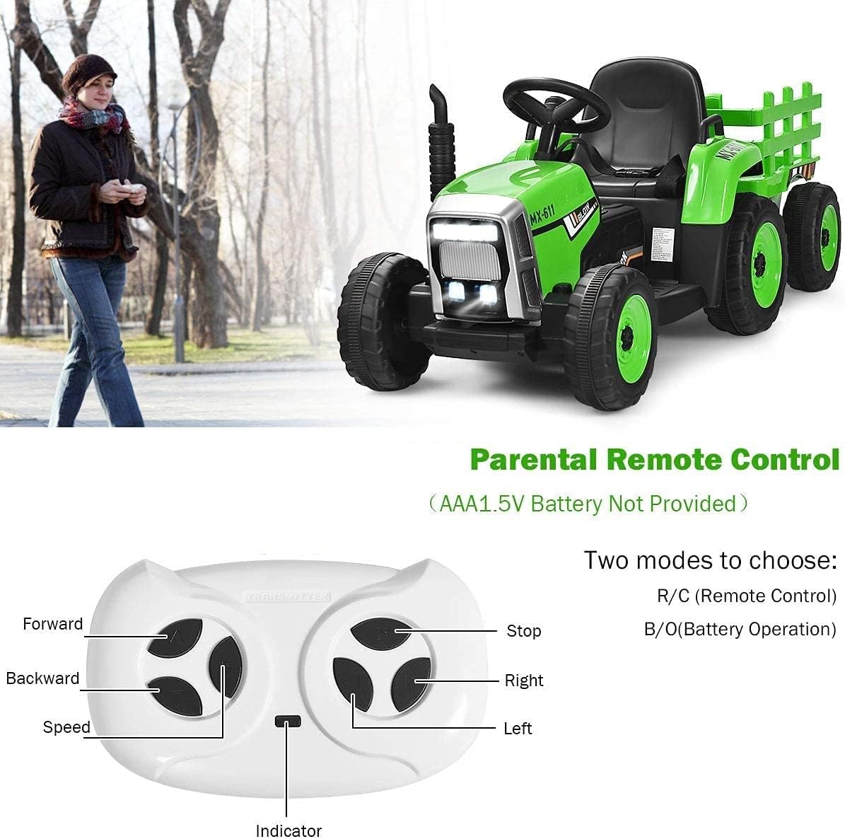 Costzon Ride on Tractor with Detachable Trailer, 12V Kids' Electric Vehicles w/3-Gear-Shift Ground Loader, Wireless Design & USB, 7 LED Headlights, Remote Control Tractor Toys for Kids 3+ (Green)