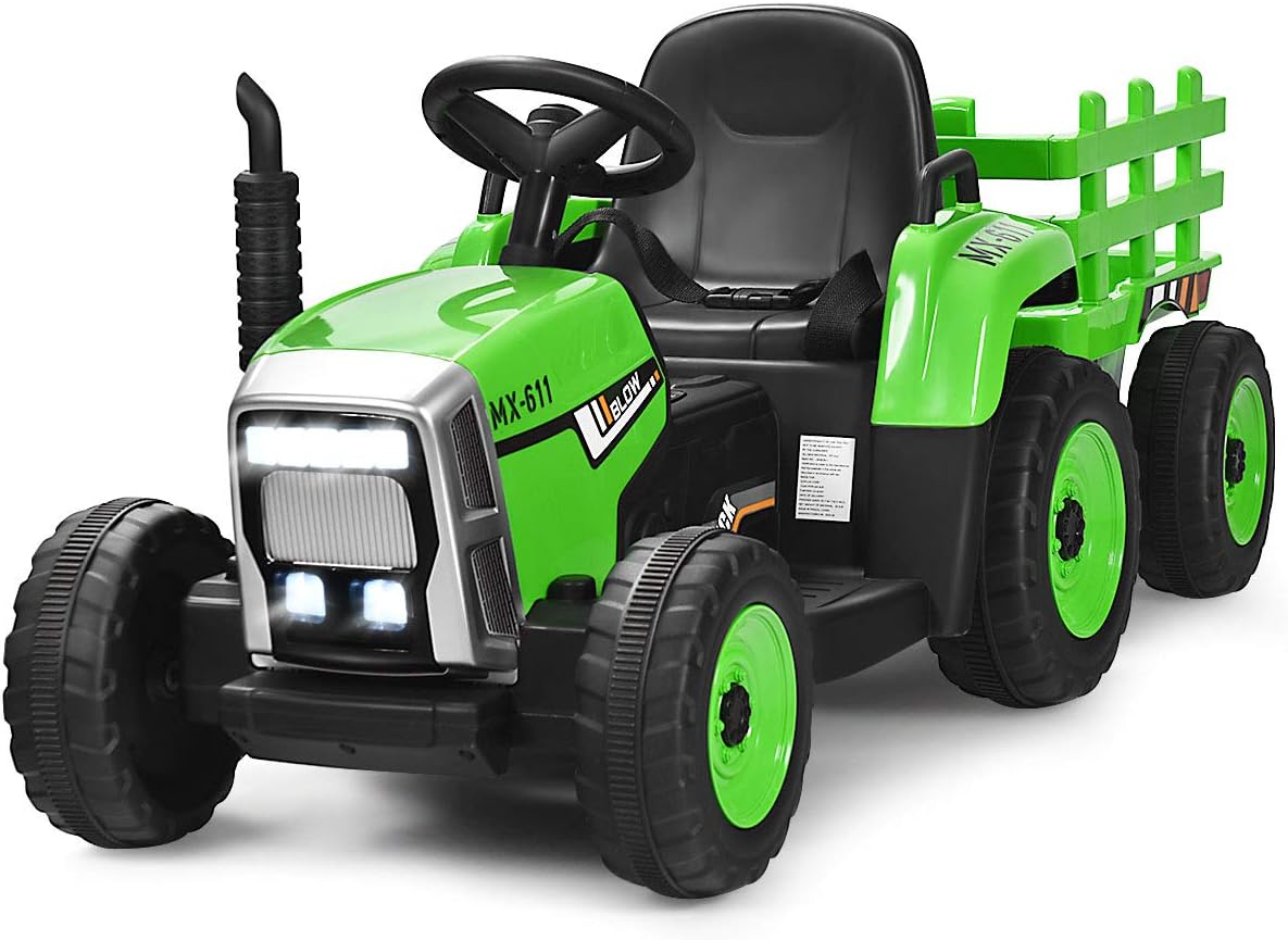 Costzon Ride on Tractor with Detachable Trailer, 12V Kids' Electric Vehicles w/3-Gear-Shift Ground Loader, Wireless Design & USB, 7 LED Headlights, Remote Control Tractor Toys for Kids 3+ (Green)