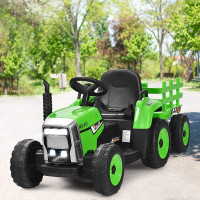 Costzon Ride on Tractor with Detachable Trailer, 12V Kids' Electric Vehicles w/3-Gear-Shift Ground Loader, Wireless Design & USB, 7 LED Headlights, Remote Control Tractor Toys for Kids 3+ (Green)