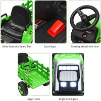 Costzon Ride on Tractor with Detachable Trailer, 12V Kids' Electric Vehicles w/3-Gear-Shift Ground Loader, Wireless Design & USB, 7 LED Headlights, Remote Control Tractor Toys for Kids 3+ (Green)