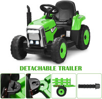 Costzon Ride on Tractor with Detachable Trailer, 12V Kids' Electric Vehicles w/3-Gear-Shift Ground Loader, Wireless Design & USB, 7 LED Headlights, Remote Control Tractor Toys for Kids 3+ (Green)