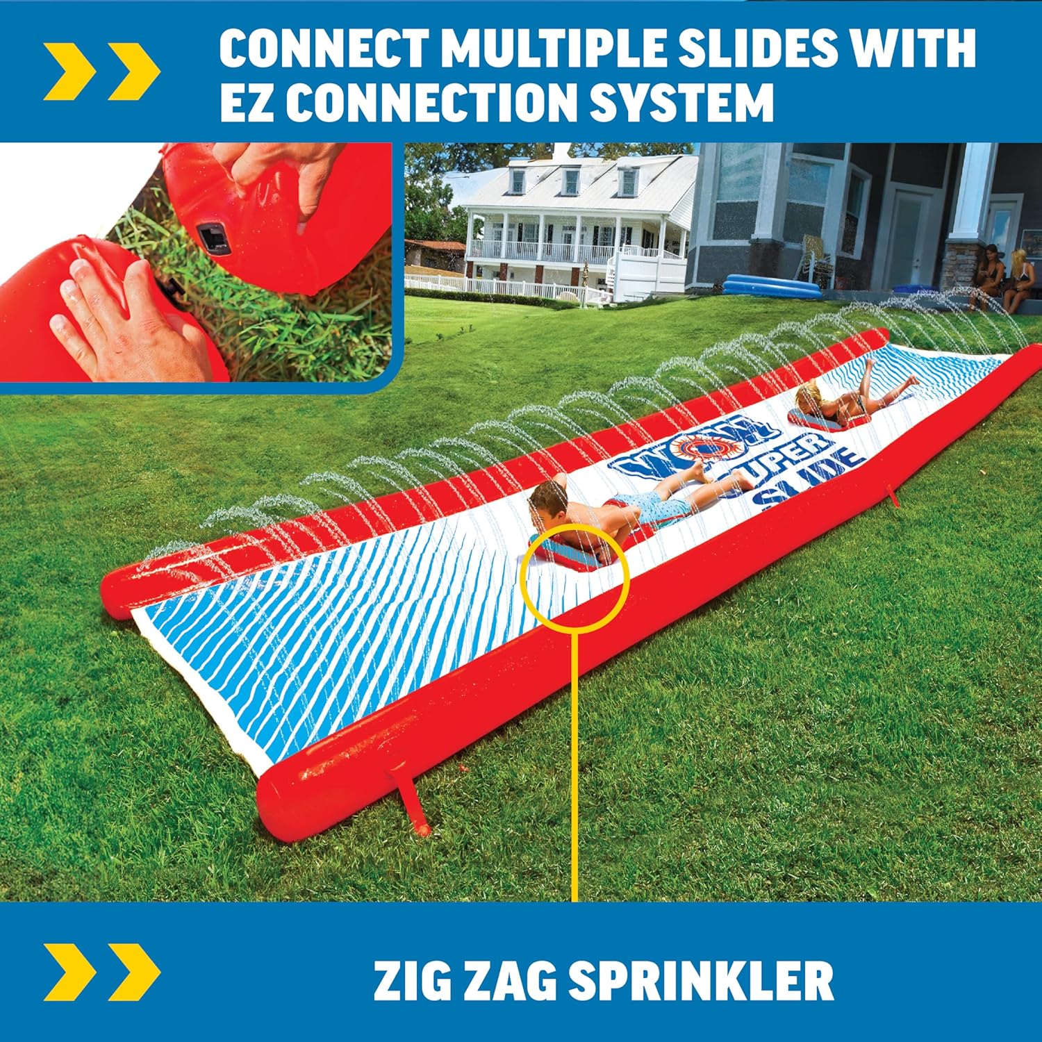 Wow Sports Super Inflatable Lawn Water Slide - 25 ft - Zigzag Sprinklers - Includes 2 Sleds - Kids & Adults