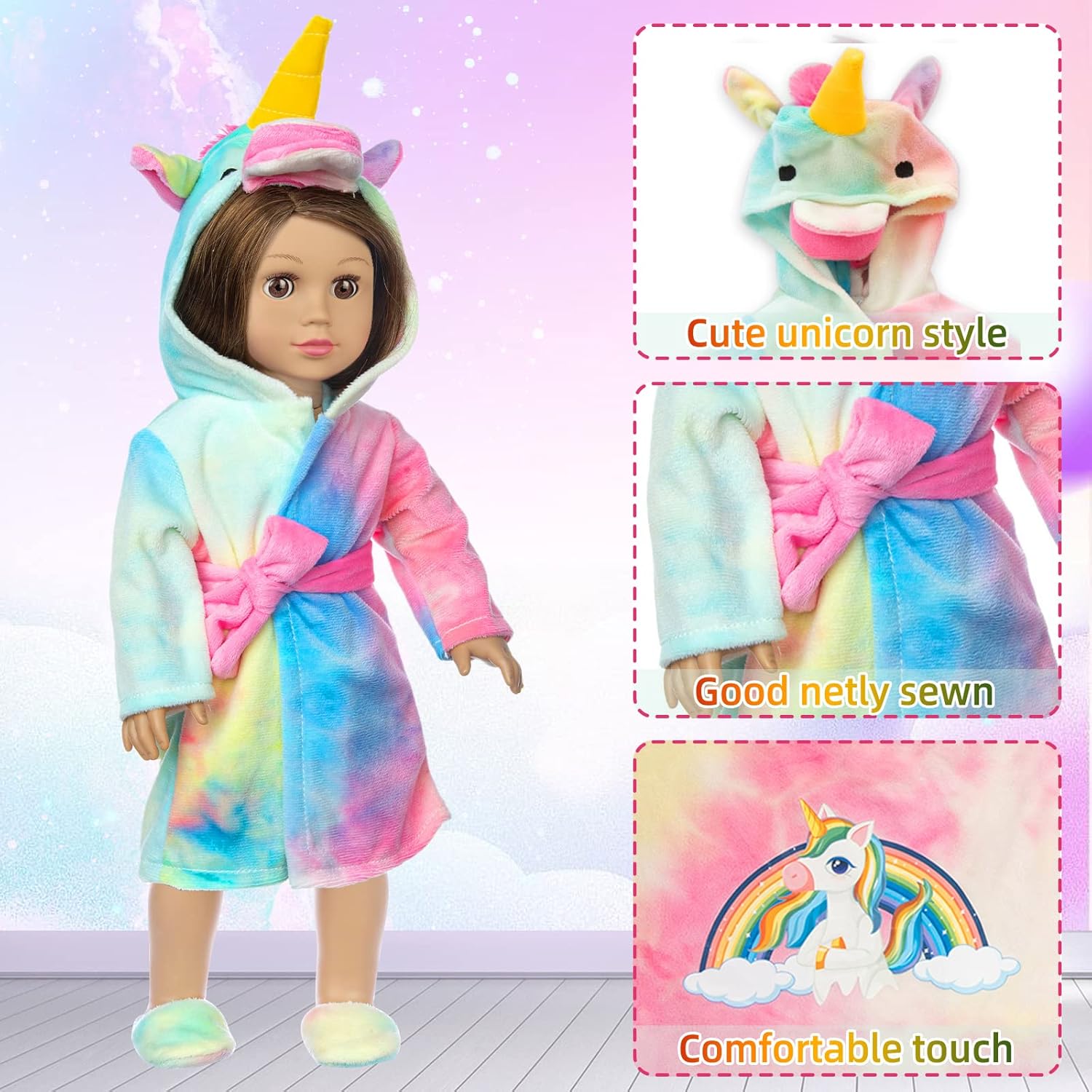 American 18 inch Doll Clothes and Sleeping Bag Set - Rainbow Unicorn Doll Costume with Unicorn Style Sleeping Bag, Pillow, Eye Mask Slumber Party Accessories Fits 18 Inch (NO Dolls) XFEYUE24
