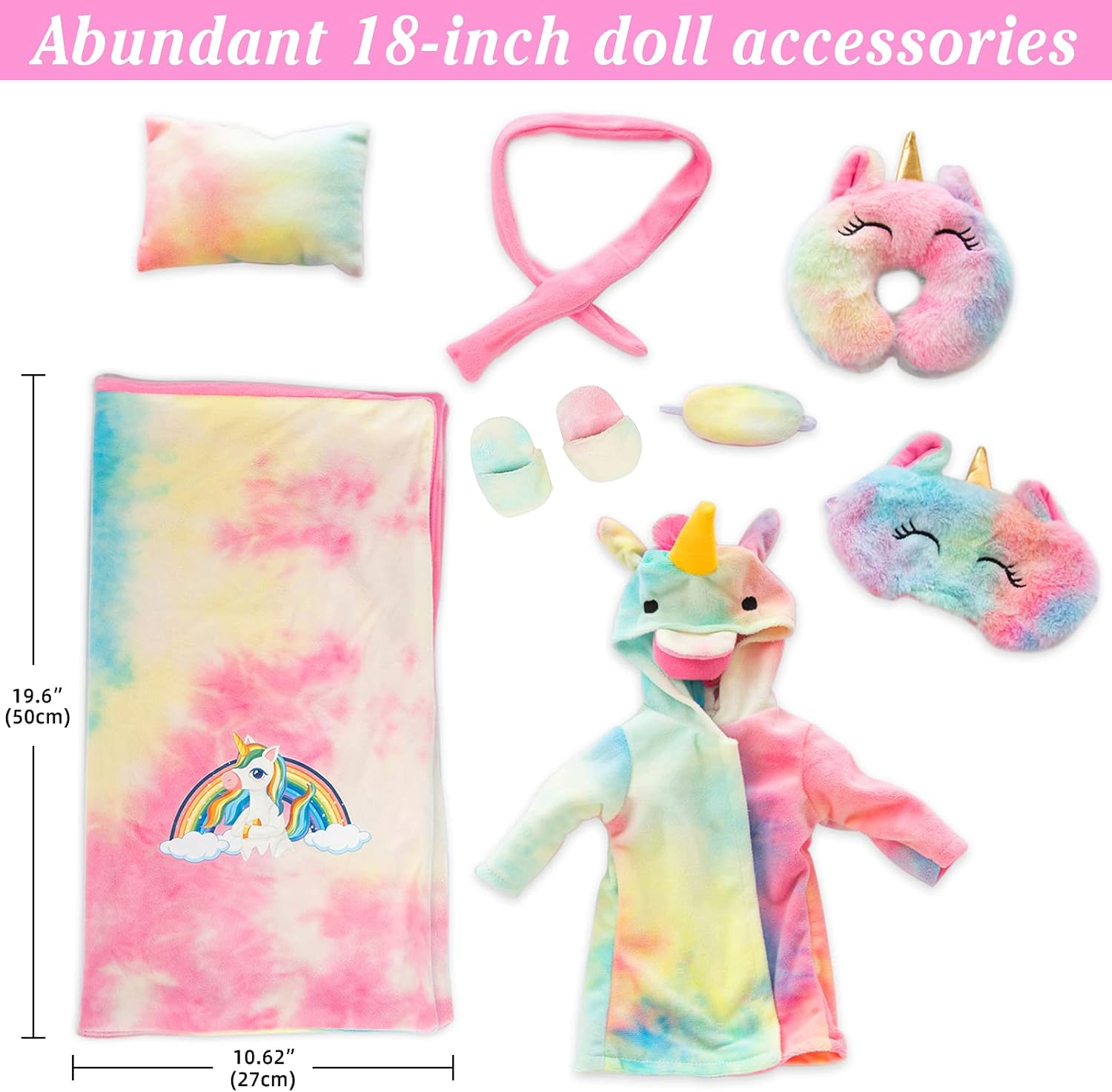 American 18 inch Doll Clothes and Sleeping Bag Set - Rainbow Unicorn Doll Costume with Unicorn Style Sleeping Bag, Pillow, Eye Mask Slumber Party Accessories Fits 18 Inch (NO Dolls) XFEYUE24