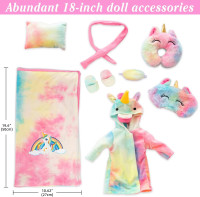 American 18 inch Doll Clothes and Sleeping Bag Set - Rainbow Unicorn Doll Costume with Unicorn Style Sleeping Bag, Pillow, Eye Mask Slumber Party Accessories Fits 18 Inch (NO Dolls) XFEYUE24