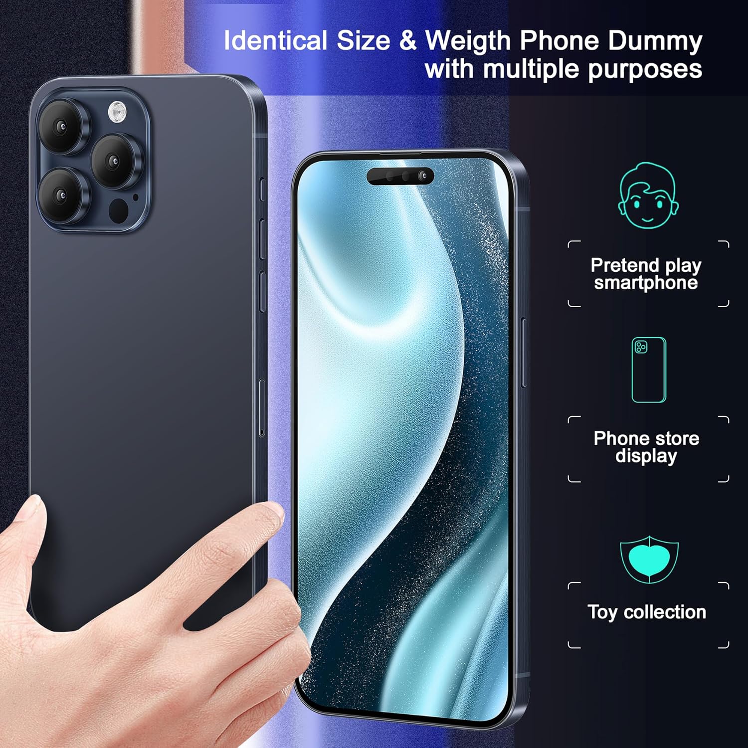 Non-Working Replica Realistic Pretend Play Phones Dummy Display Phone Model for Phone 15 Plus Fake Model Phone Baby Cell Phone Toy (for 15 Plus Blue blackscreen)