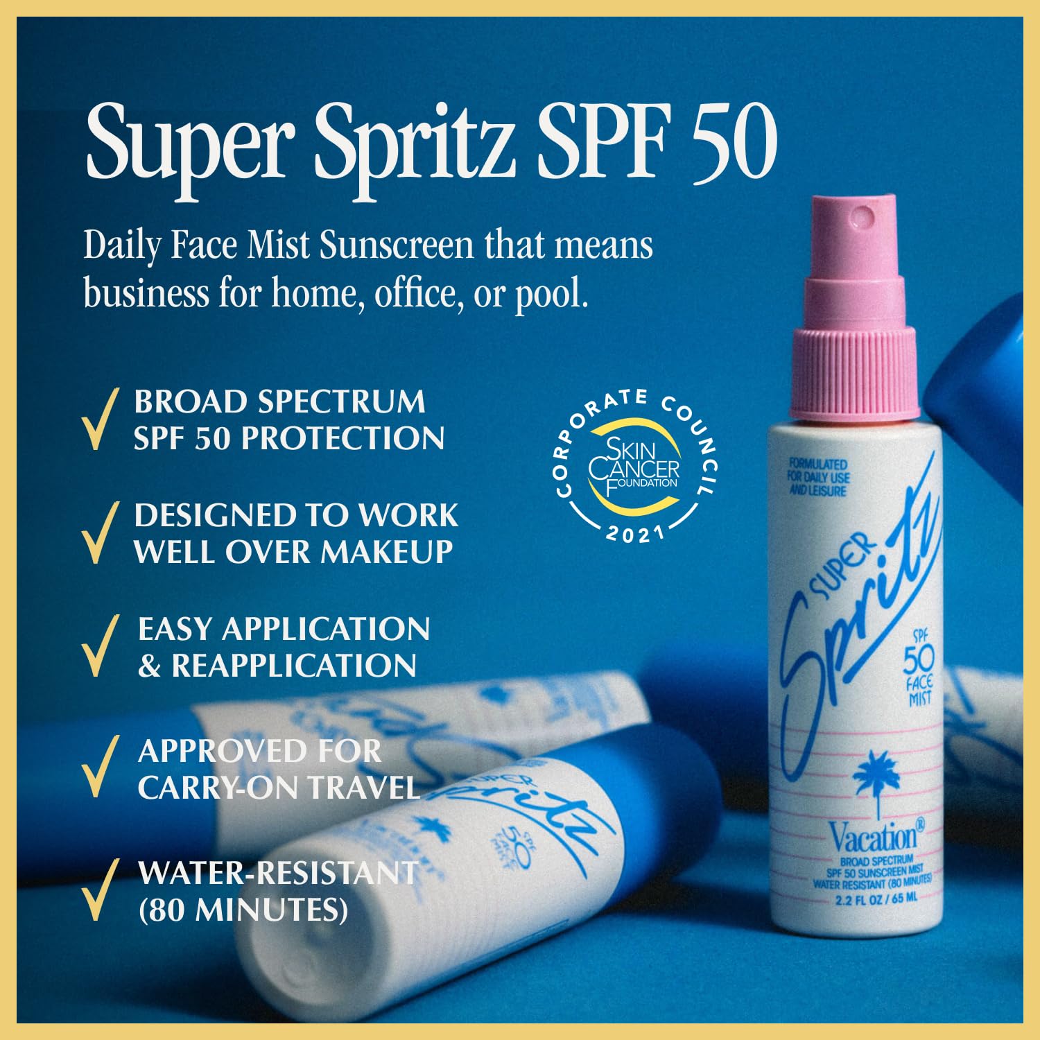 Vacation Super Spritz SPF 50 Face Mist & Air Freshener Bundle, Daily Face Sunscreen Spray, Clean & Lightweight Feel, Water-Resistant, Non-Comedogenic, Vegan, Travel Size, 2.2 Fl. Oz. 2.2 Fl Oz (Pack of 1)