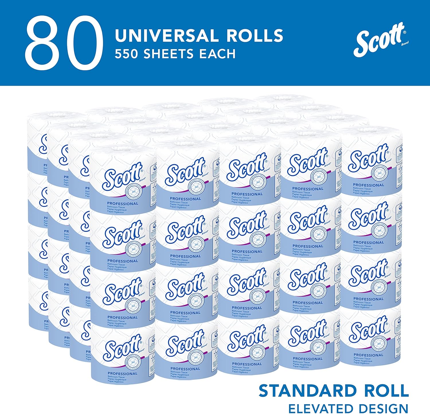 Scott Professional Standard Roll Toilet Paper, Bulk (04460), 2-Ply, Elevated Design, White, Individually Wrapped (80 Rolls of 550 Sheets, 44,000 Sheet Total) 550 Count (Pack of 80)