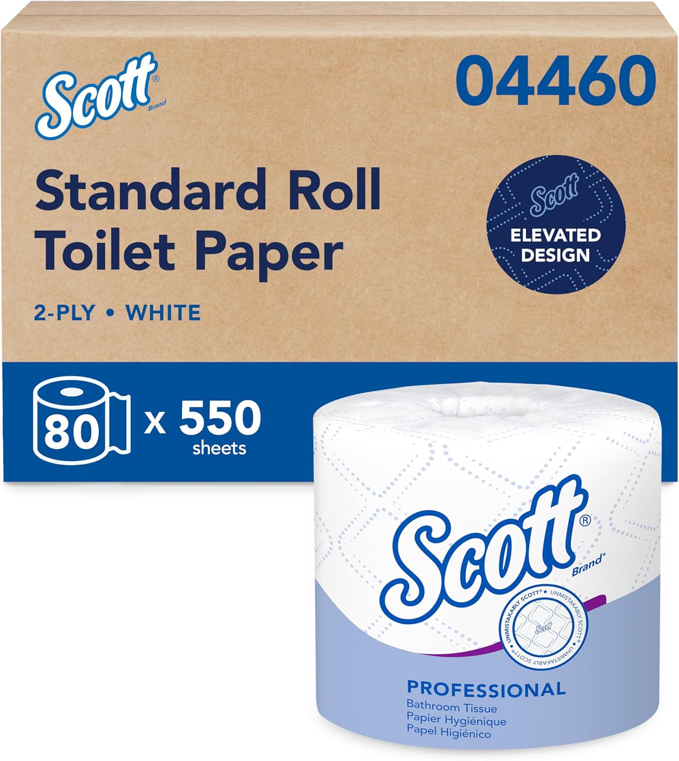 Scott Professional Standard Roll Bulk Toilet Paper (04460), 2-Ply, Elevated Design, White, Individually Wrapped (80 Rolls of 550 Sheets, 44,000 Sheet Total) 550 sheet (Pack of 80)