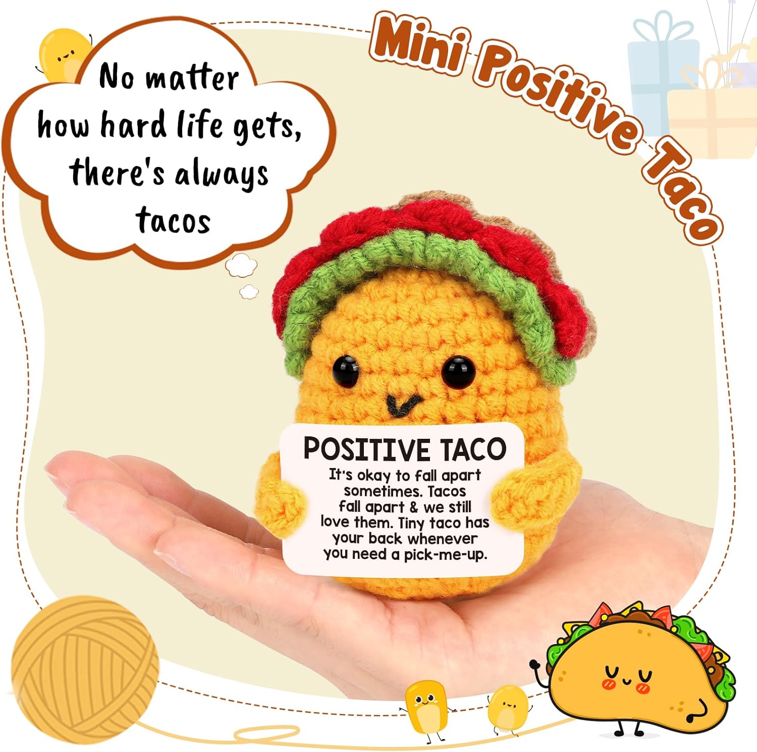 LuoHere Positive Crochet Taco Birthday Gifts for Women Men Easter Basket Stuffers Essentials Adult Kids Son Mom Dad Daughter Sister Friend Coworkers Self Care Emotional Inspirational Support Pick-me-up