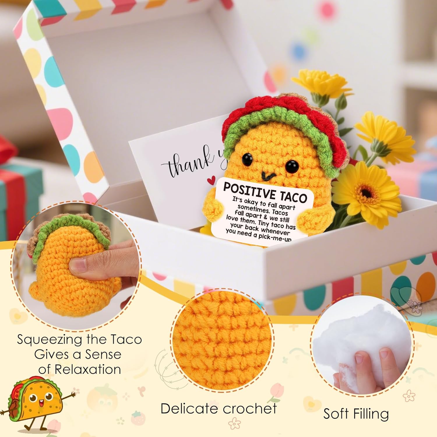 LuoHere Positive Crochet Taco Birthday Gifts for Women Men Easter Basket Stuffers Essentials Adult Kids Son Mom Dad Daughter Sister Friend Coworkers Self Care Emotional Inspirational Support Pick-me-up