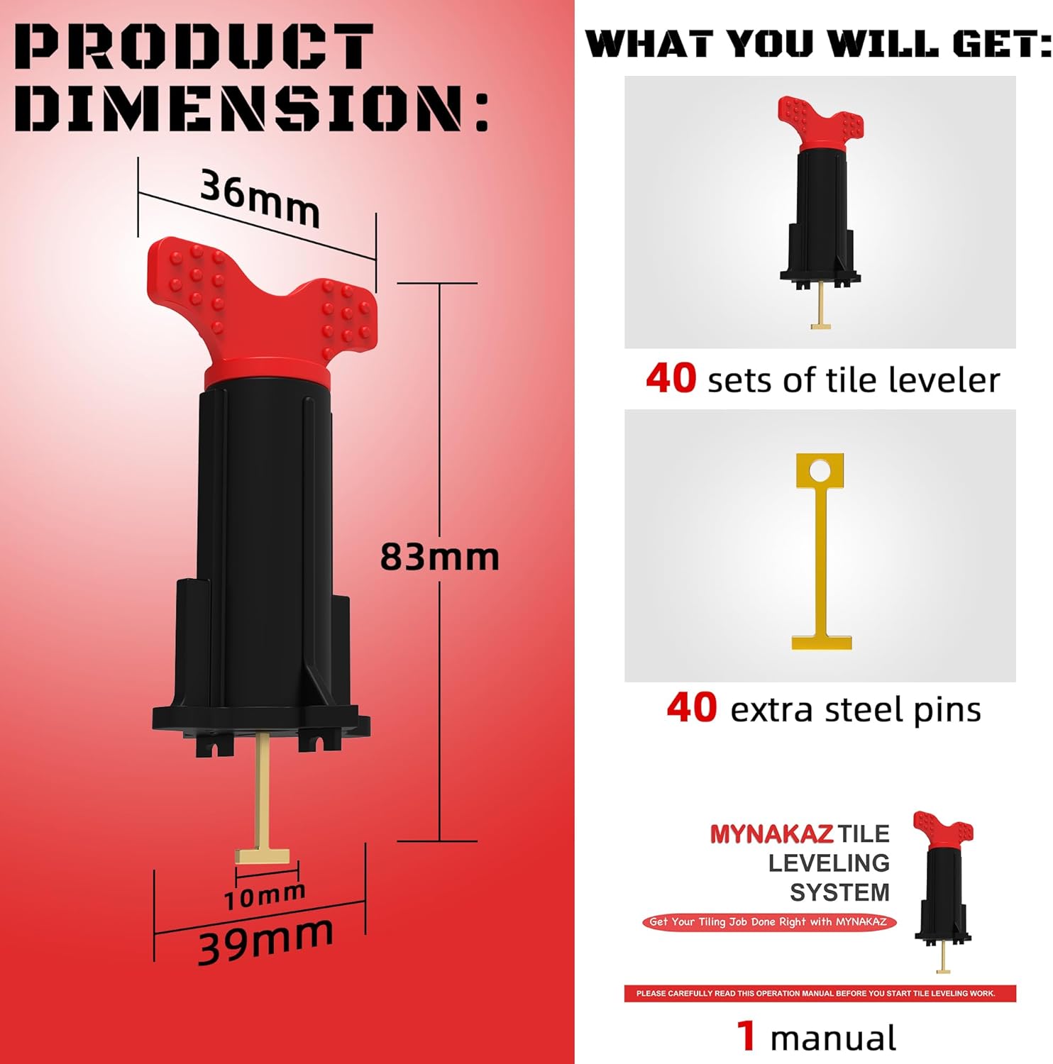 Tile Leveling System, Reusable Tile Spacer Leveling System, Tile Tools for Installation Self Leveling, Tiling Tools and Accessories (40 Sets+40 Extra Pins) 40sets-black