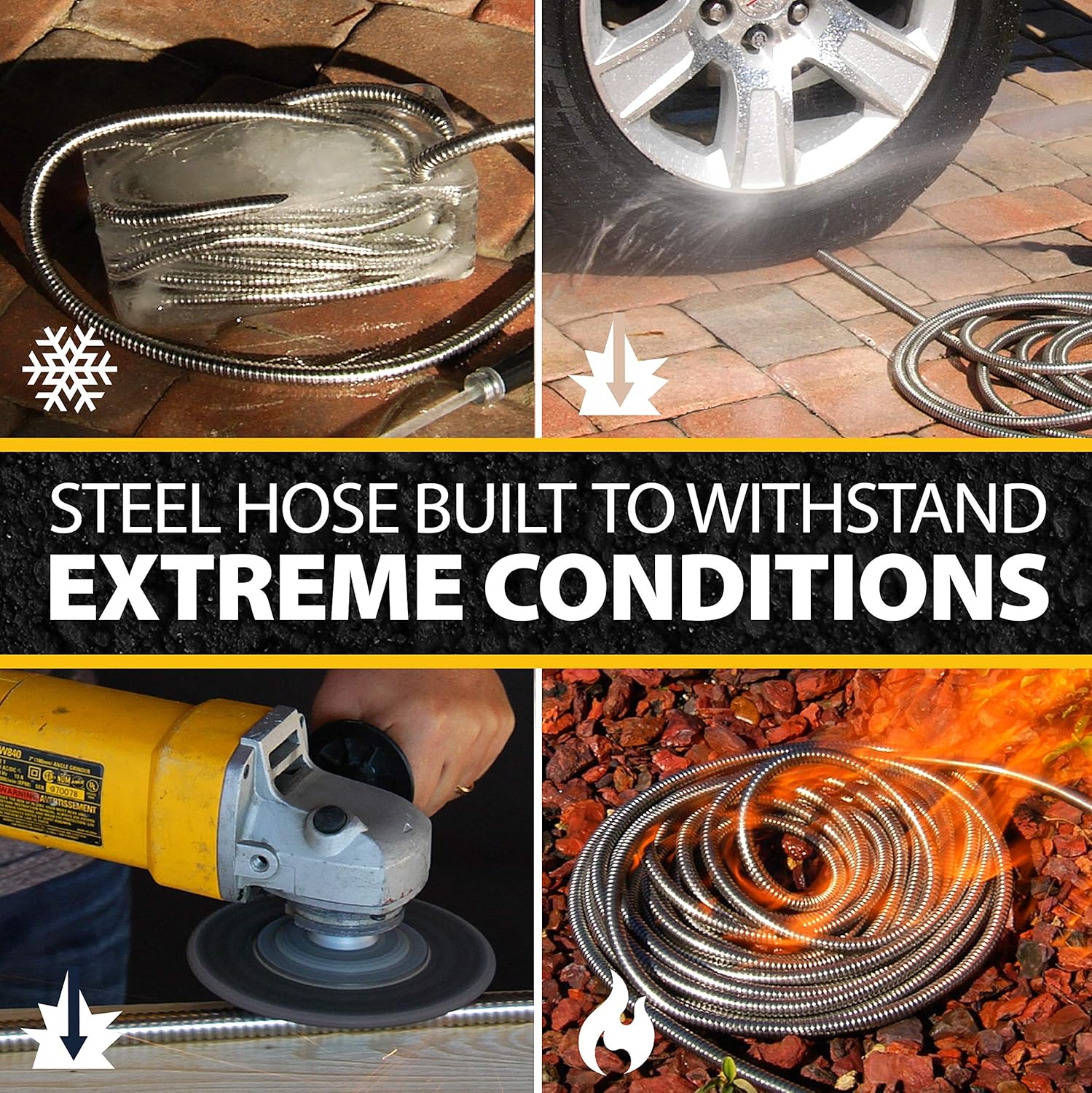 BIONIC STEEL 100 Ft Metal Garden Hose with Sprayer Nozzle, Non Kinking Designed Stainless Steel Heavy Duty Water Hose 100 Ft x 5/8 in. Flexible NON Expandable for Uninterrupted Water Flow, 500 PSI 100'