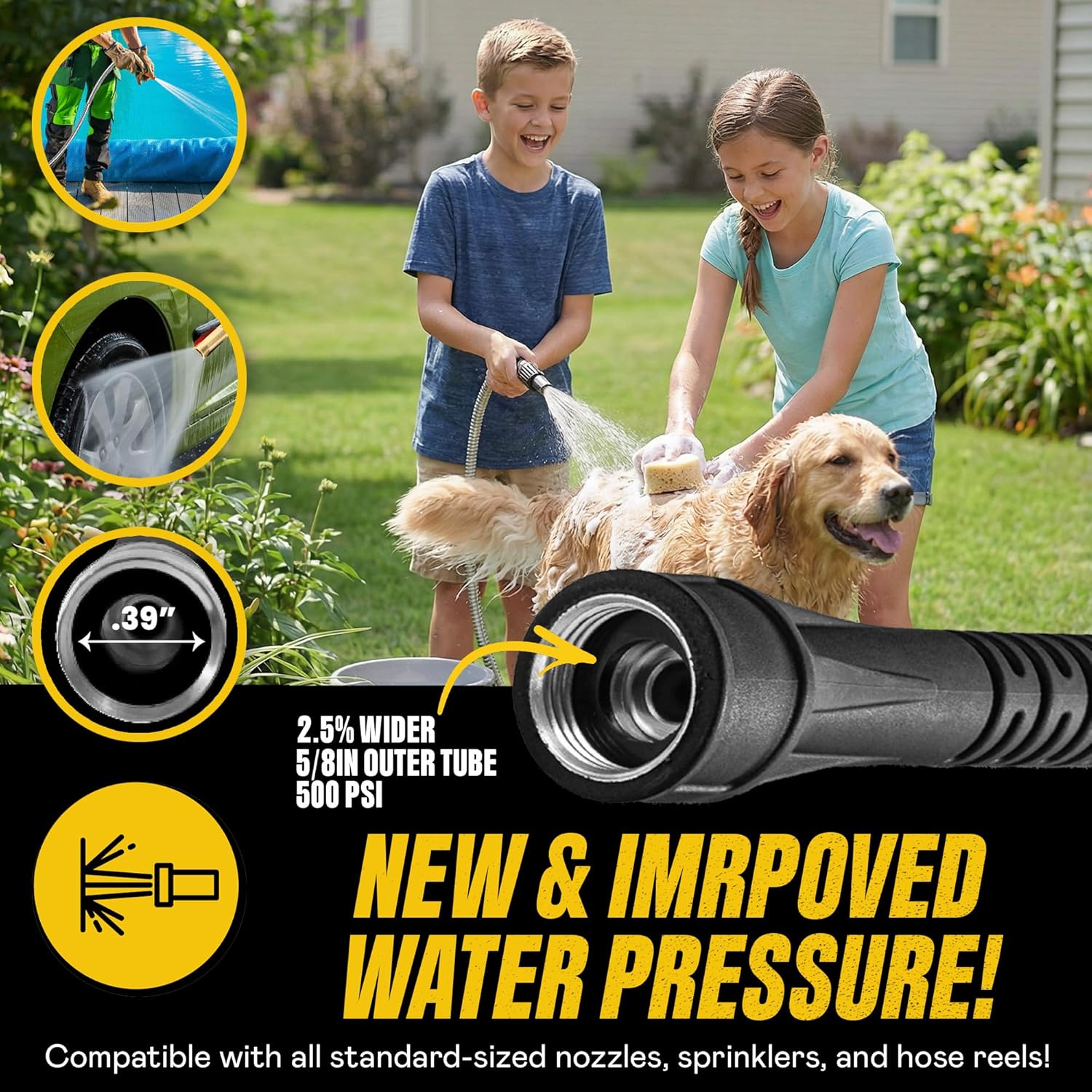 BIONIC STEEL 100 Ft Metal Garden Hose with Sprayer Nozzle, Non Kinking Designed Stainless Steel Heavy Duty Water Hose 100 Ft x 5/8 in. Flexible NON Expandable for Uninterrupted Water Flow, 500 PSI 100'