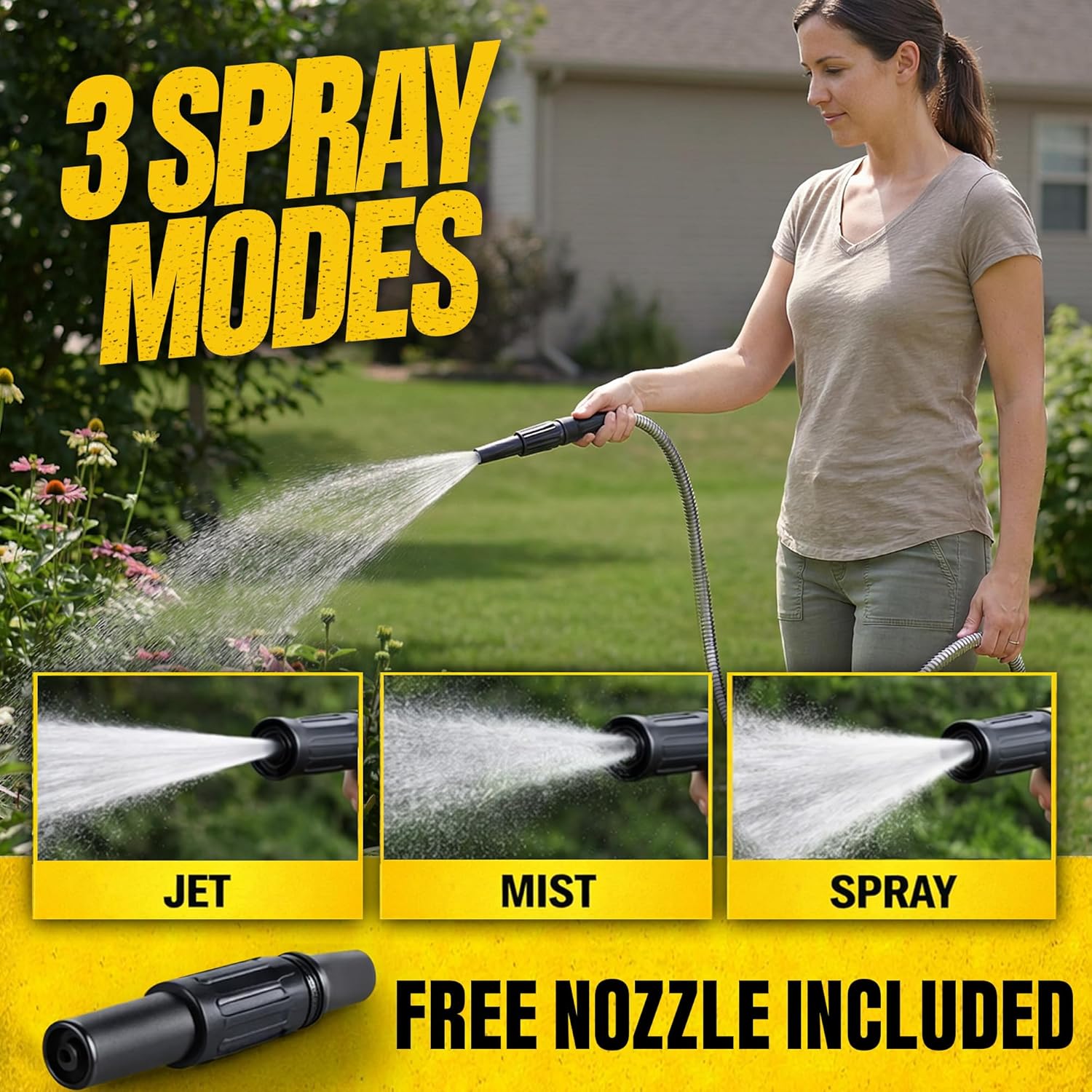 BIONIC STEEL 100 Ft Metal Garden Hose with Sprayer Nozzle, Non Kinking Designed Stainless Steel Heavy Duty Water Hose 100 Ft x 5/8 in. Flexible NON Expandable for Uninterrupted Water Flow, 500 PSI 100'