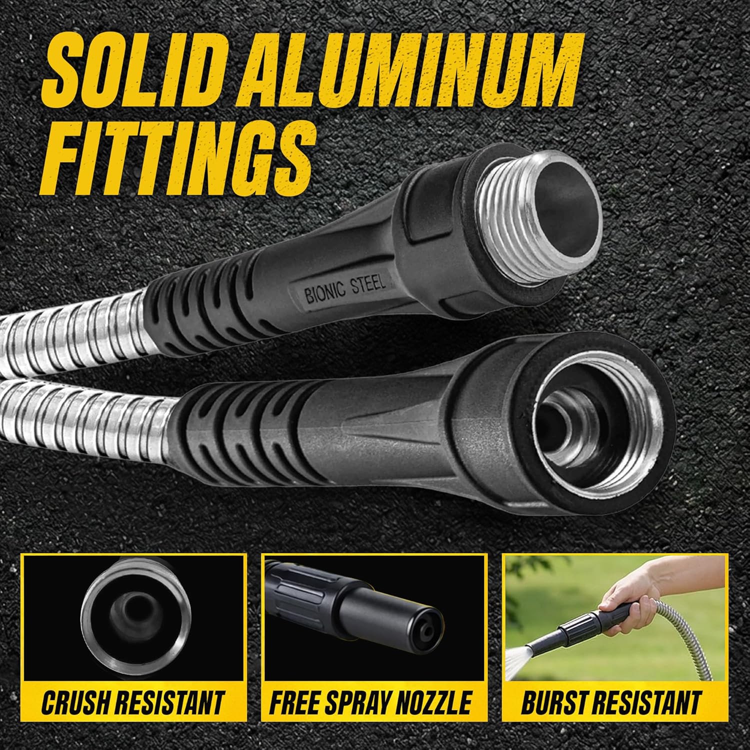 BIONIC STEEL 100 Ft Metal Garden Hose with Sprayer Nozzle, Non Kinking Designed Stainless Steel Heavy Duty Water Hose 100 Ft x 5/8 in. Flexible NON Expandable for Uninterrupted Water Flow, 500 PSI 100'