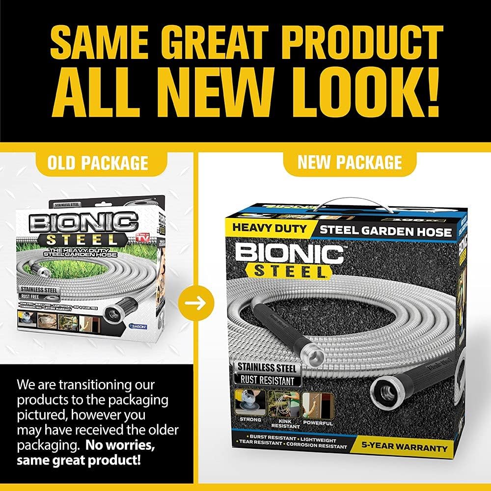 BIONIC STEEL 100 Ft Metal Garden Hose with Sprayer Nozzle, Non Kinking Designed Stainless Steel Heavy Duty Water Hose 100 Ft x 5/8 in. Flexible NON Expandable for Uninterrupted Water Flow, 500 PSI 100'