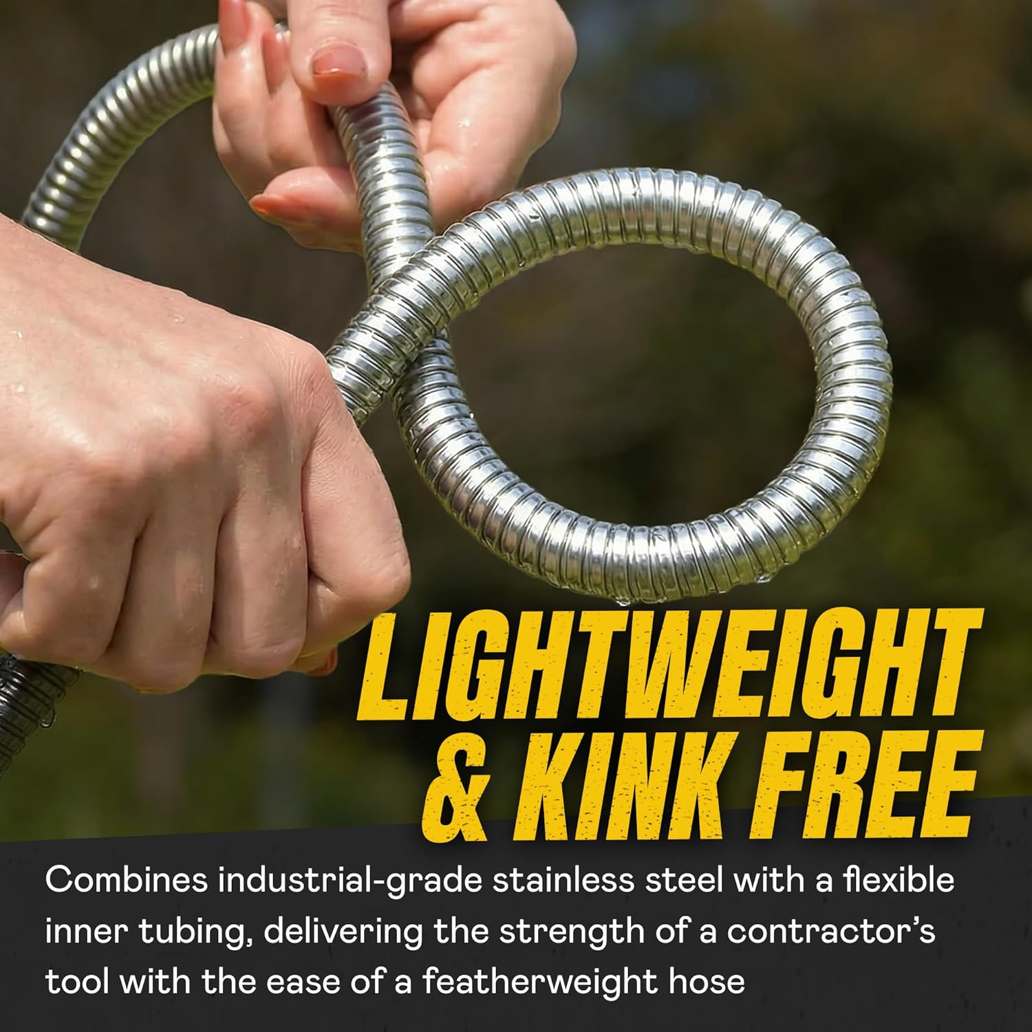 BIONIC STEEL 100 Ft Metal Garden Hose with Sprayer Nozzle, Non Kinking Designed Stainless Steel Heavy Duty Water Hose 100 Ft x 5/8 in. Flexible NON Expandable for Uninterrupted Water Flow, 500 PSI 100'