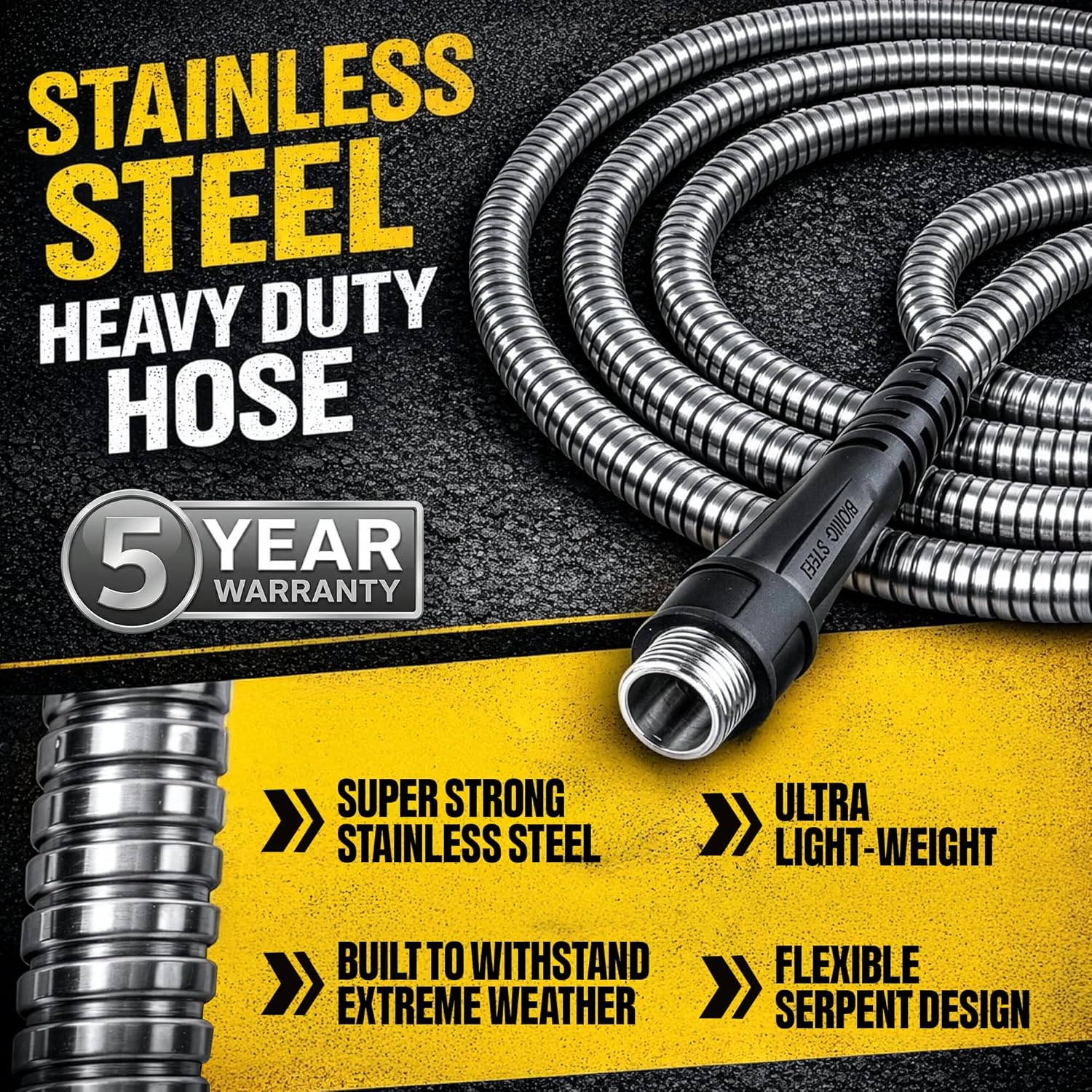 BIONIC STEEL 100 Ft Metal Garden Hose with Sprayer Nozzle, Non Kinking Designed Stainless Steel Heavy Duty Water Hose 100 Ft x 5/8 in. Flexible NON Expandable for Uninterrupted Water Flow, 500 PSI 100'