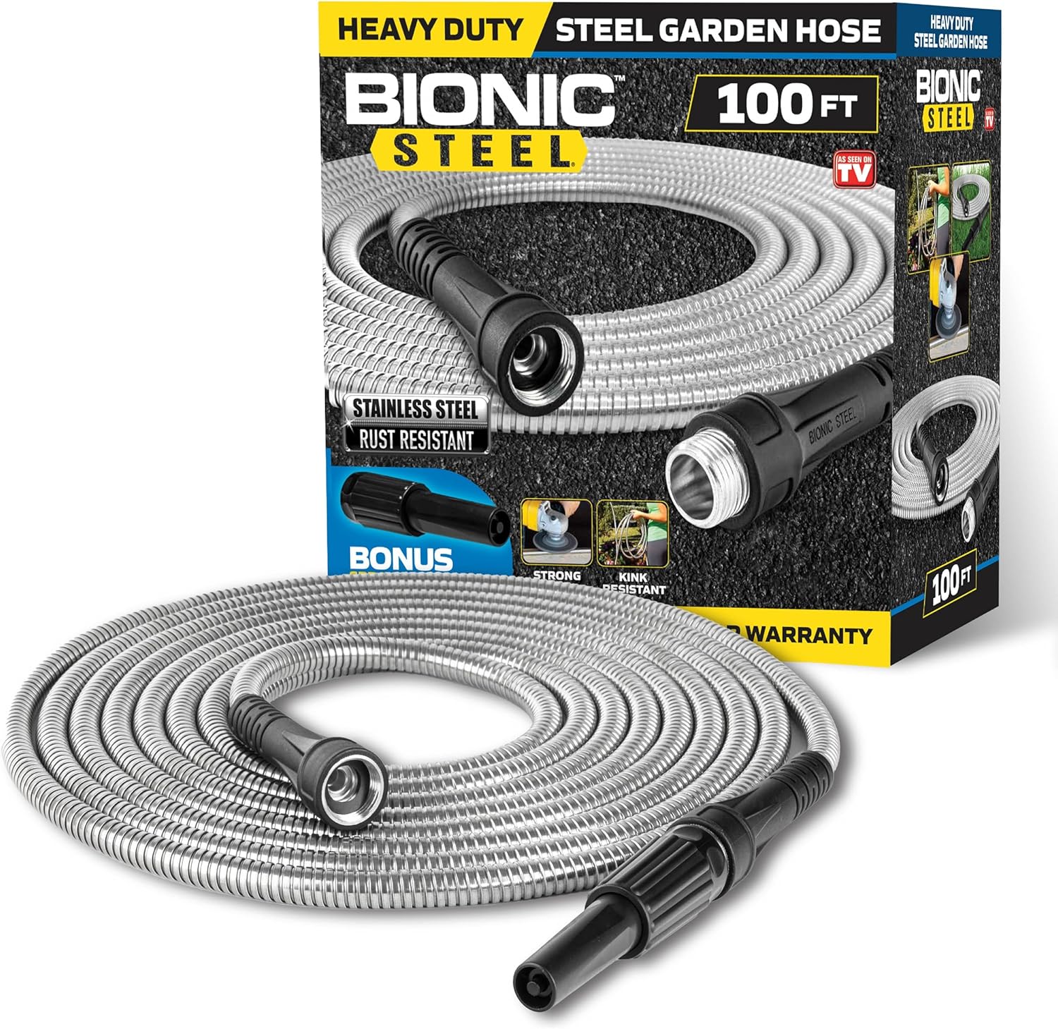 BIONIC STEEL 100 Ft Metal Garden Hose with Sprayer Nozzle, Non Kinking Designed Stainless Steel Heavy Duty Water Hose 100 Ft x 5/8 in. Flexible NON Expandable for Uninterrupted Water Flow, 500 PSI 100'
