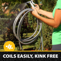 BIONIC STEEL 100 Ft Metal Garden Hose with Sprayer Nozzle, Non Kinking Designed Stainless Steel Heavy Duty Water Hose 100 Ft x 5/8 in. Flexible NON Expandable for Uninterrupted Water Flow, 500 PSI 100'