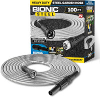 BIONIC STEEL 100 Ft Metal Garden Hose with Sprayer Nozzle, Non Kinking Designed Stainless Steel Heavy Duty Water Hose 100 Ft x 5/8 in. Flexible NON Expandable for Uninterrupted Water Flow, 500 PSI 100'