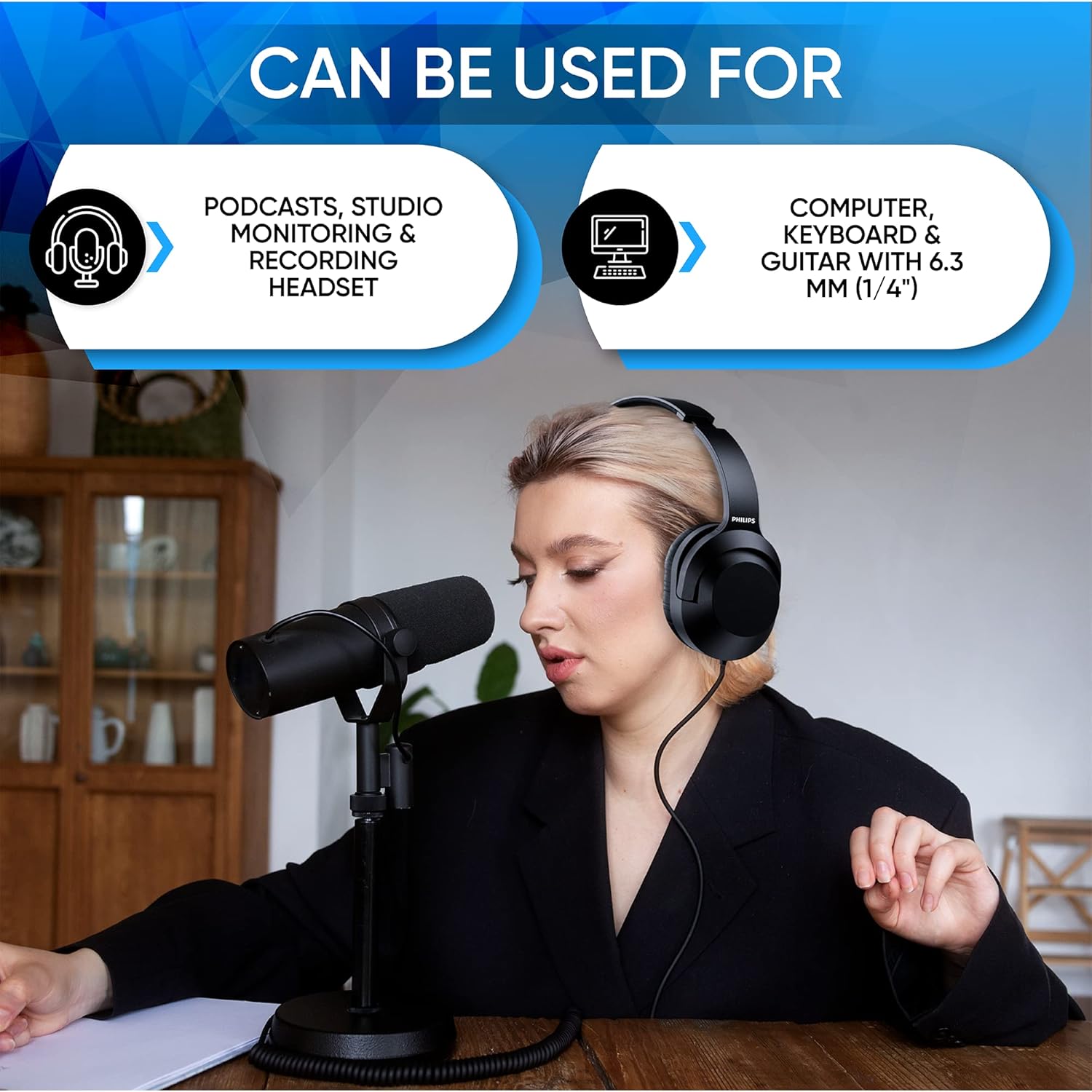 Philips Over Ear Wired Stereo Headphones for Podcasts, Studio Monitoring and Recording Headset for Computer, Keyboard and Guitar with 6.3 mm (1/4