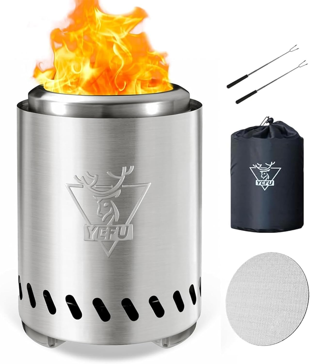YEFU Tabletop Fire Pit 9.7 x 7.1 in, Low Smoke Camping Stove for Outdoor & Patio, Fueled by Pellets or Wood, Safe Burning Table Top Firepit, with Travel Bag & 2 Mini Sticks & Fireproof Mat, Silver Silver 7.1IN Classic W/ Removable Ash Pan