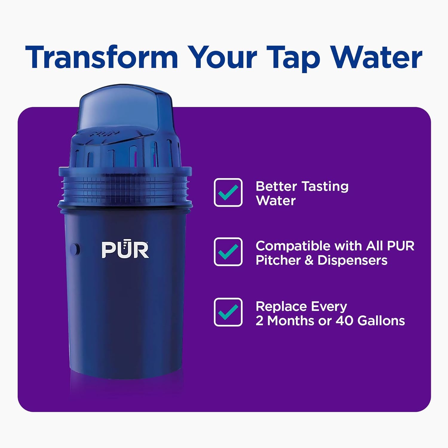 PUR Water Pitcher & Dispenser Replacement Filter 2-Pack, Genuine PUR Water Filters for Pitchers, 2-in-1 Powerful Filtration and Faster Filtration, 4-Month Value, Blue (PPF900Z2) 2 PACK Filter