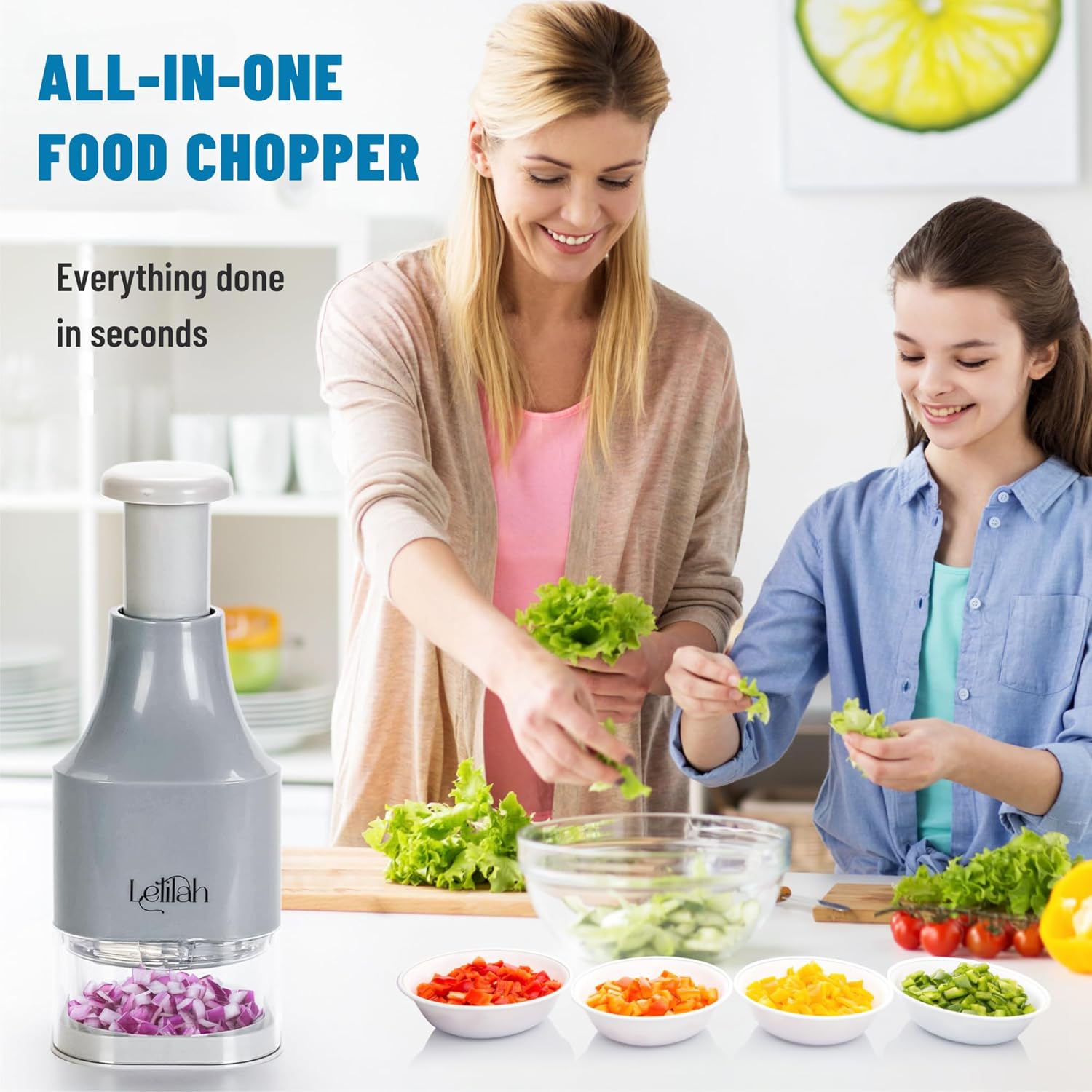 Food Chopper, Slap Chop, Handheld Veggie Chopper for Vegetable, Onion, Garlic, Nut, Hand Vegetable Cutter, Dishwasher-safe, Stainless Steel Blade, – Dishwasher Safe, Easy to Clean (Light Gray)