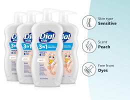 Dial Kids 3-in-1 Body + Hair + Bubble Bath, Peach, 24 fl oz (Pack of 4) Peach 24 Fl Oz (Pack of 4)