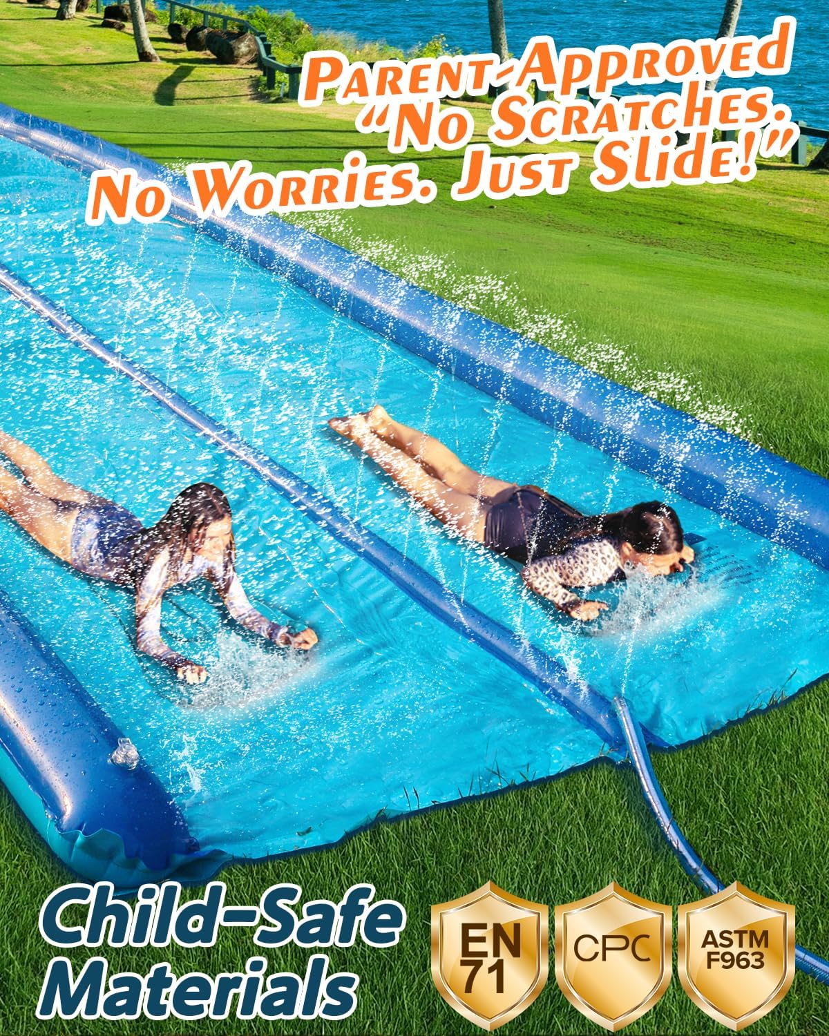 26ft Slip and Water Slide for Kids and Adults Backyard,2 Lanes Extra Long Inflatable Slip and Water Slide with Sprinkler and Bodyboards,Heavy Duty Summer Outdoor Water Toy,Blue Shark Theme