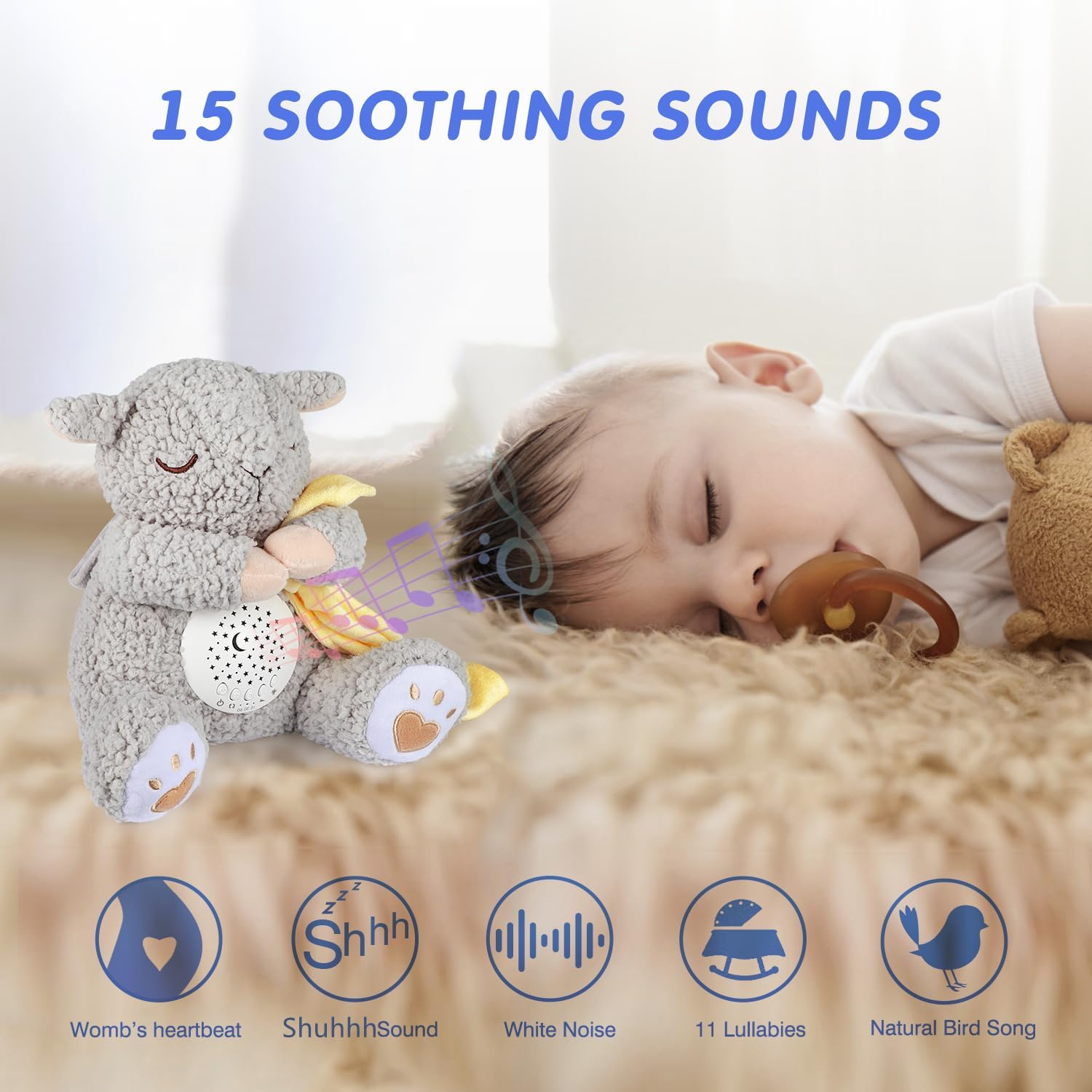 BEREST Baby White Noise Machine Stuffed Animal Toy, Mom's Heartbeat Lullabies Sheep Sleep Soother, Nursery Decor Night Light Projector, Toddler Crib Sleeping Aid, Babies Shower Gifts Portable A11-NSleepy Sheep