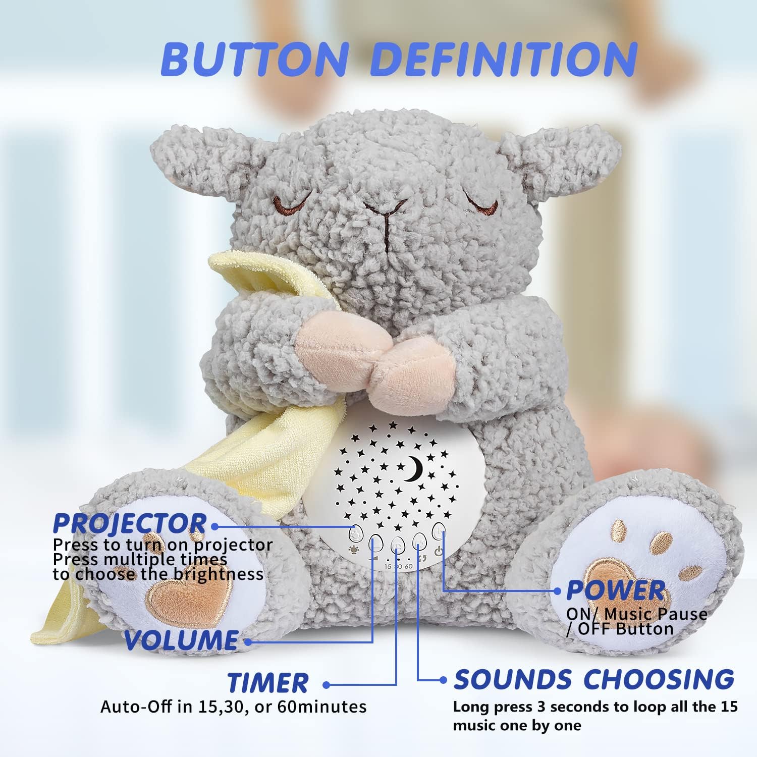 BEREST Baby White Noise Machine Stuffed Animal Toy, Mom's Heartbeat Lullabies Sheep Sleep Soother, Nursery Decor Night Light Projector, Toddler Crib Sleeping Aid, Babies Shower Gifts Portable A11-NSleepy Sheep