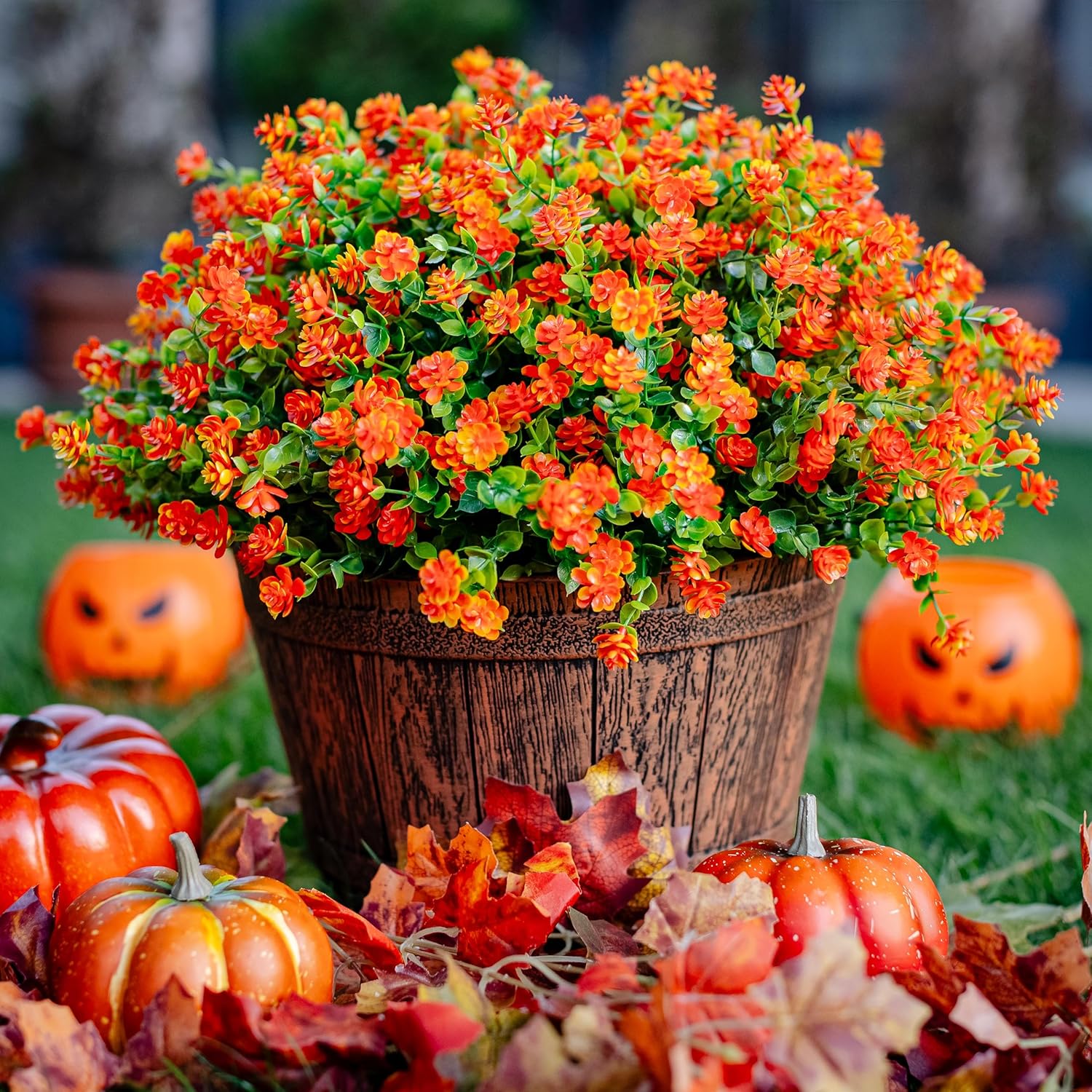 Artificial Fall Flowers Outdoor Fake Mums - 12 Bundles Fake Plants UV Resistant No Fade Faux Plastic Greenery Garden Porch Patio Fall Home Decor (Red Orange)