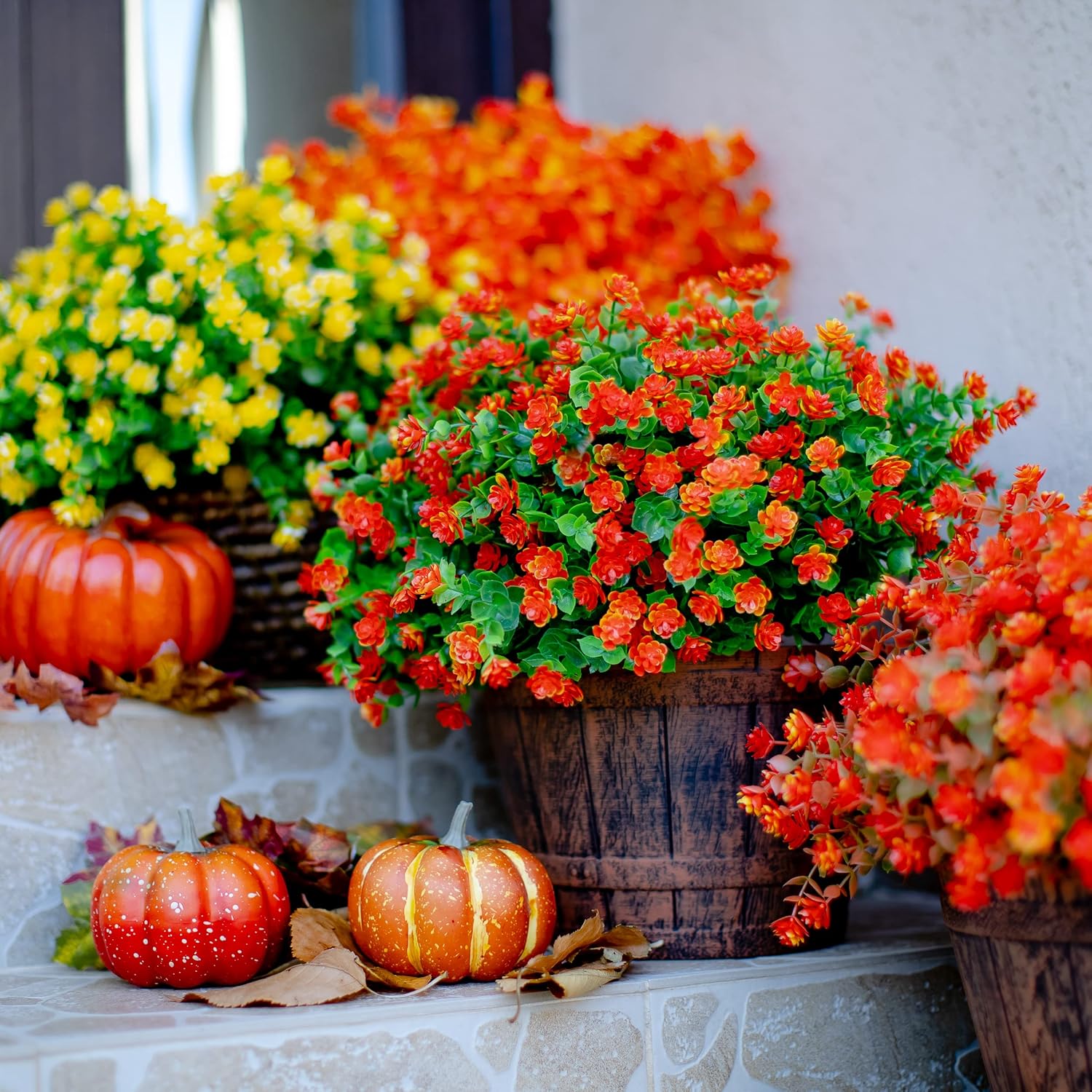 Artificial Fall Flowers Outdoor Fake Mums - 12 Bundles Fake Plants UV Resistant No Fade Faux Plastic Greenery Garden Porch Patio Fall Home Decor (Red Orange)