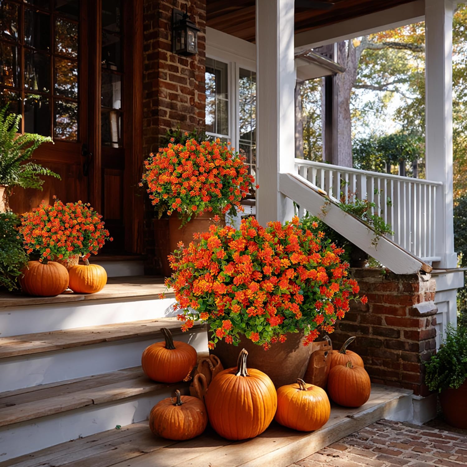 Artificial Fall Flowers Outdoor Fake Mums - 12 Bundles Fake Plants UV Resistant No Fade Faux Plastic Greenery Garden Porch Patio Fall Home Decor (Red Orange)
