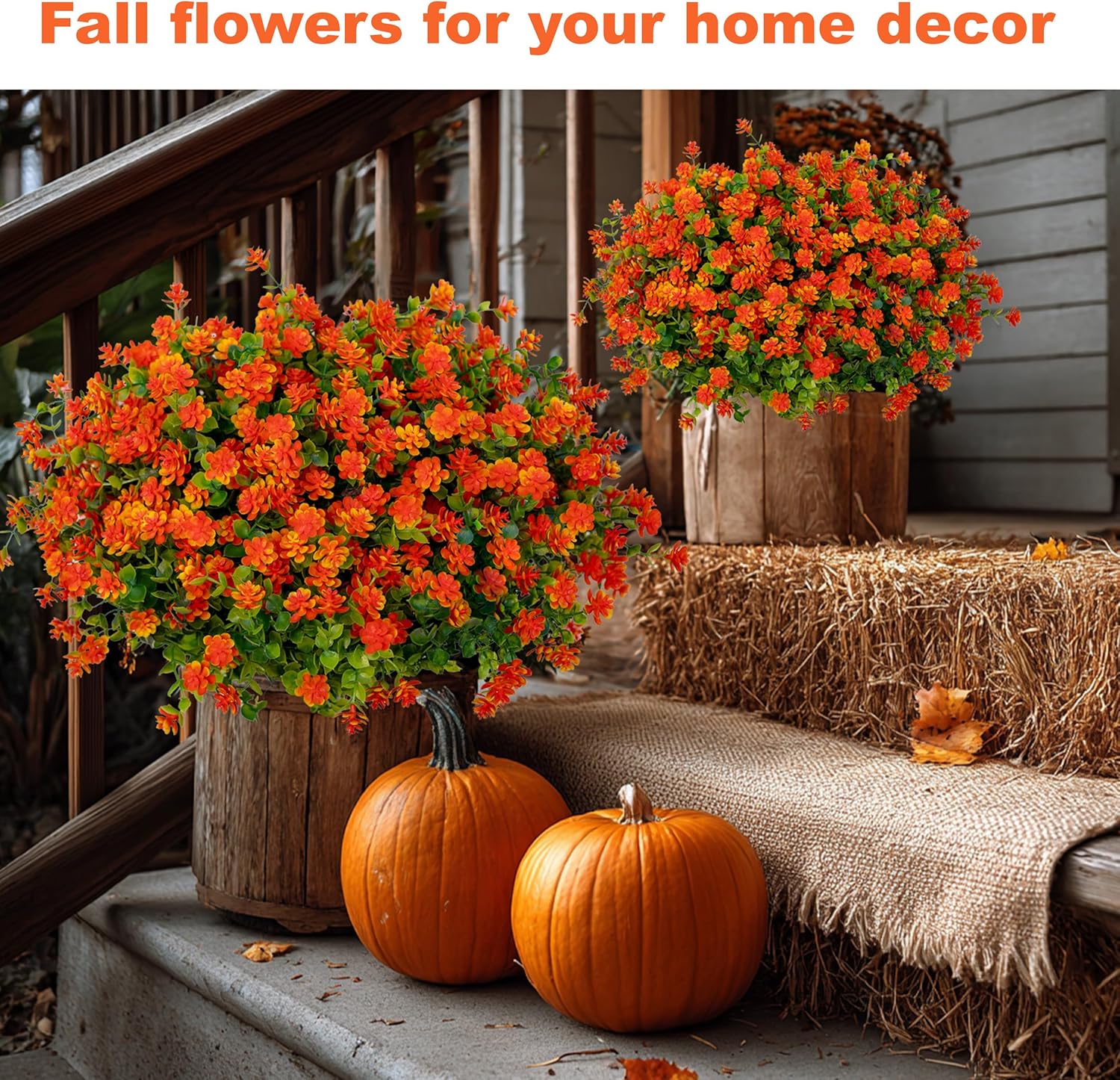 Artificial Fall Flowers Outdoor Fake Mums - 12 Bundles Fake Plants UV Resistant No Fade Faux Plastic Greenery Garden Porch Patio Fall Home Decor (Red Orange)