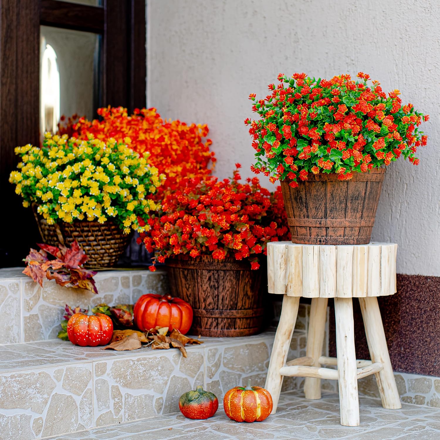 Artificial Fall Flowers Outdoor Fake Mums - 12 Bundles Fake Plants UV Resistant No Fade Faux Plastic Greenery Garden Porch Patio Fall Home Decor (Red Orange)