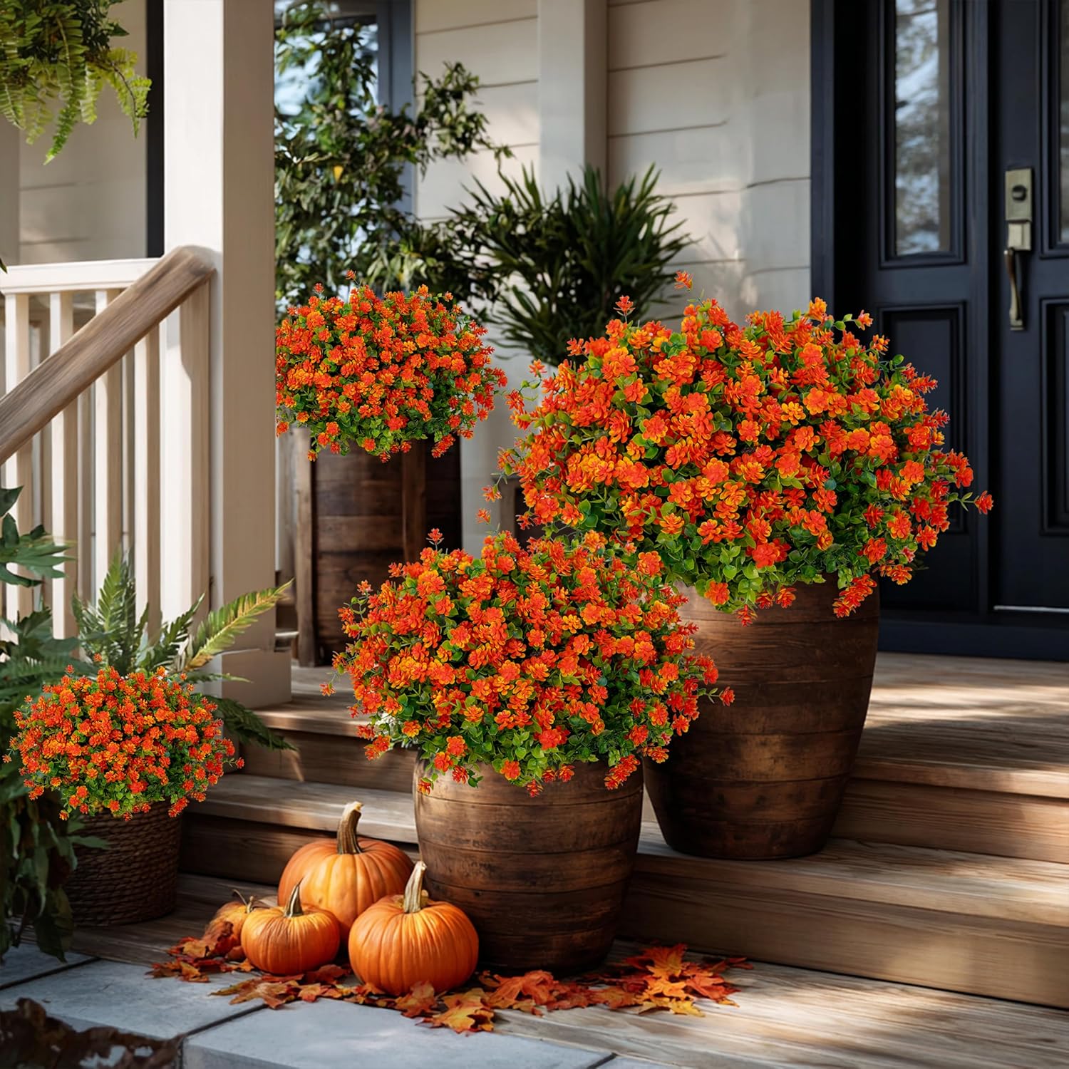 Artificial Fall Flowers Outdoor Fake Mums - 12 Bundles Fake Plants UV Resistant No Fade Faux Plastic Greenery Garden Porch Patio Fall Home Decor (Red Orange)