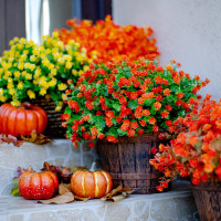 Artificial Fall Flowers Outdoor Fake Mums - 12 Bundles Fake Plants UV Resistant No Fade Faux Plastic Greenery Garden Porch Patio Fall Home Decor (Red Orange)