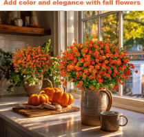 Artificial Fall Flowers Outdoor Fake Mums - 12 Bundles Fake Plants UV Resistant No Fade Faux Plastic Greenery Garden Porch Patio Fall Home Decor (Red Orange)