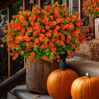 Artificial Fall Flowers Outdoor Fake Mums - 12 Bundles Fake Plants UV Resistant No Fade Faux Plastic Greenery Garden Porch Patio Fall Home Decor (Red Orange)