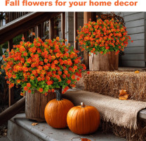 Artificial Fall Flowers Outdoor Fake Mums - 12 Bundles Fake Plants UV Resistant No Fade Faux Plastic Greenery Garden Porch Patio Fall Home Decor (Red Orange)