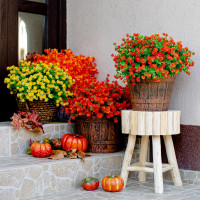 Artificial Fall Flowers Outdoor Fake Mums - 12 Bundles Fake Plants UV Resistant No Fade Faux Plastic Greenery Garden Porch Patio Fall Home Decor (Red Orange)