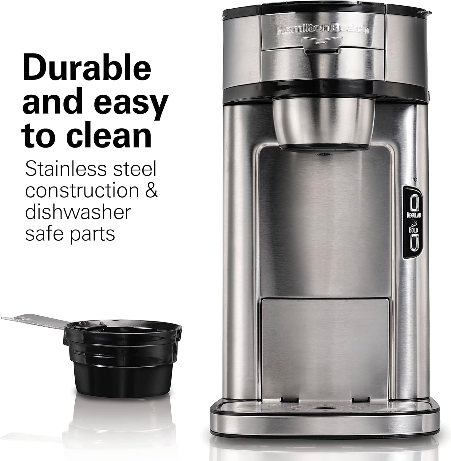 Hamilton Beach The Scoop Single Serve Coffee Maker & Fast Grounds Brewer, Brews in Minutes, 8-14oz. Cups, Stainless Steel