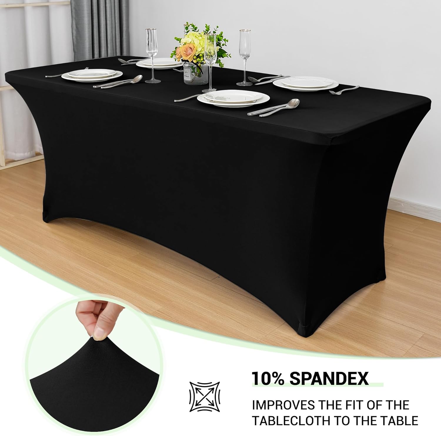 Obstal 6ft Stretch Black Spandex Table Cloth for Standard Folding Tables - 2 Pack Universal Rectangular Fitted Tablecloth Protector for Wedding, Trade Show, Vendor Stand Black 6 Ft | 2 Pack