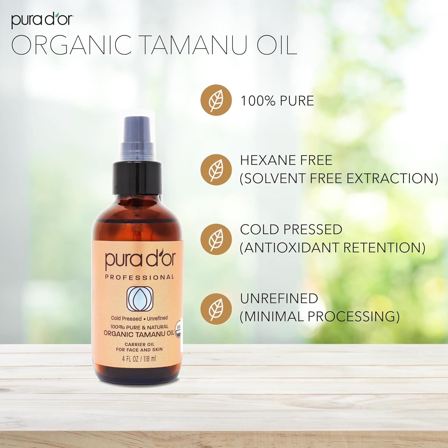 PURA D'OR 4 Oz Organic Tamanu Oil - USDA Certified 100% Pure & Natural Cold Pressed Carrier Oil, Premium Grade Moisturizer For Skin & Hair - Men & Women Tamanu 4 Fl Oz (Pack of 1)
