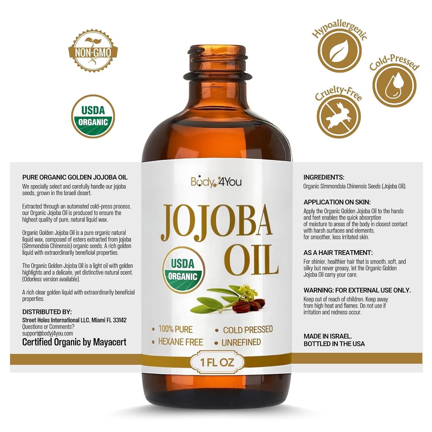 BodyJ4You Organic Jojoba Oil for Skin - USDA Organic 100% Pure Natural - Face Skin Gua Sha Facial Dermaplaning Hair Scalp Massage - Unrefined Cold Pressed Hexane Free - Base Carrier Wax - 1 Fl Oz 1 Fl Oz (Pack of 1)