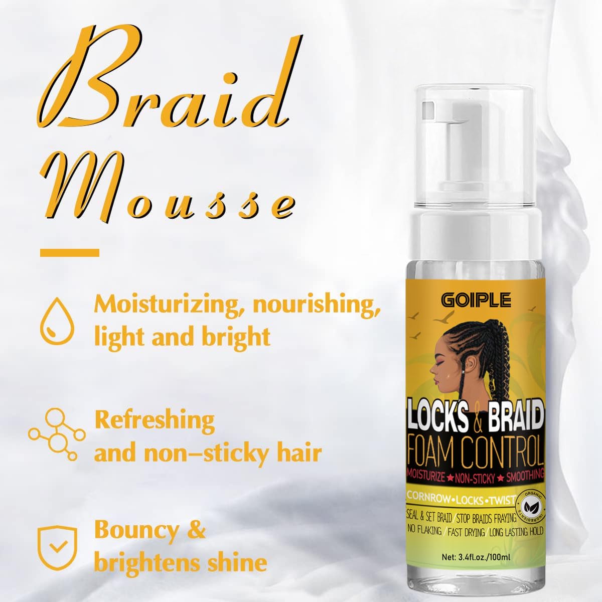 Goiple Hair Styling Mousses & Oil Set for Braids, Twist, Locs - No Flake Mousse for Style, Moisture, and Growth with Rosemary Oil, 3.4fl oz+1fl oz